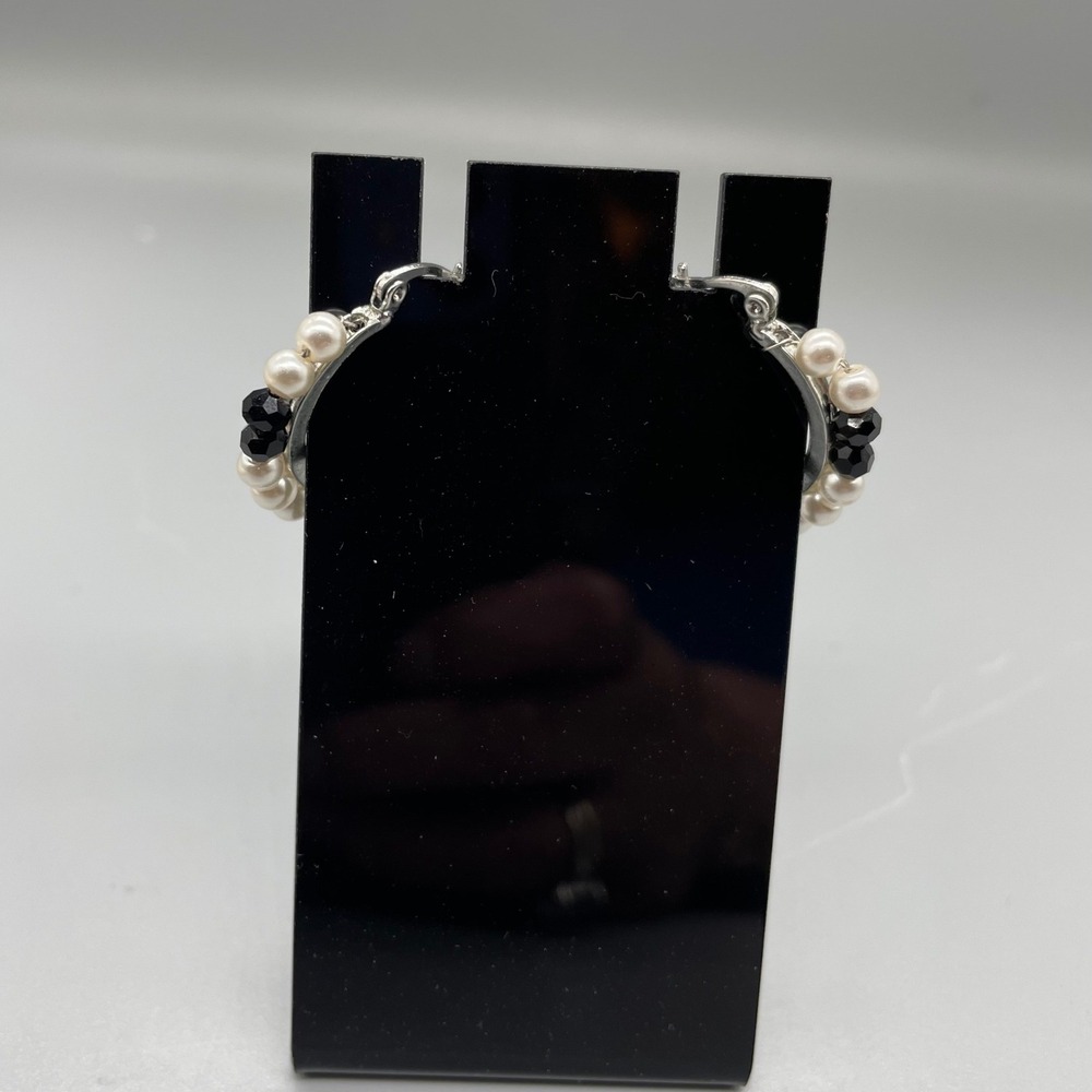 Silver Tone Faux‎ Pearl and Black Beaded Hoop Earrings Latch Back 1 Inch
